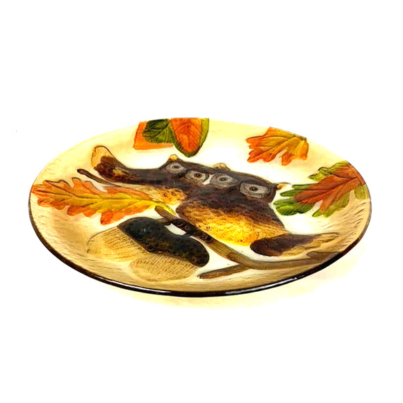 Vintage Glass Owls And Acorns Fall Decor Plate Platter 11.25" - Picture 3 of 5